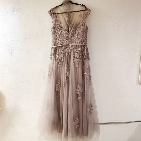 NEW MGNY by Mori Lee Beaded Lace Illusion Neck A-Line Maxi Dress Gown in Dusty L - Picture 3 of 12